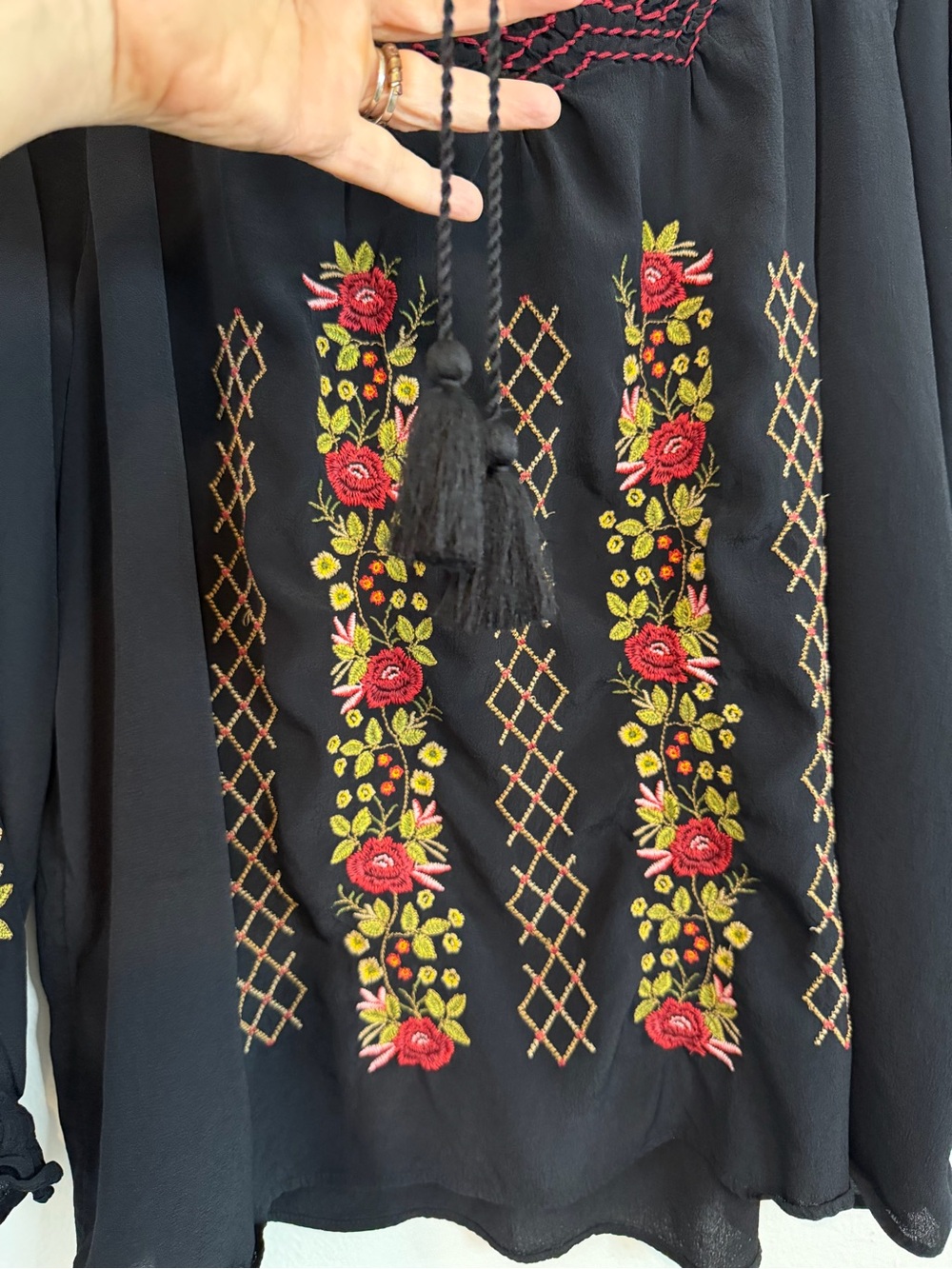 J.Jill Blouse Black Embroidered Peasant Top Size XLarge Bohemian Romantic - Picture 5 of 10